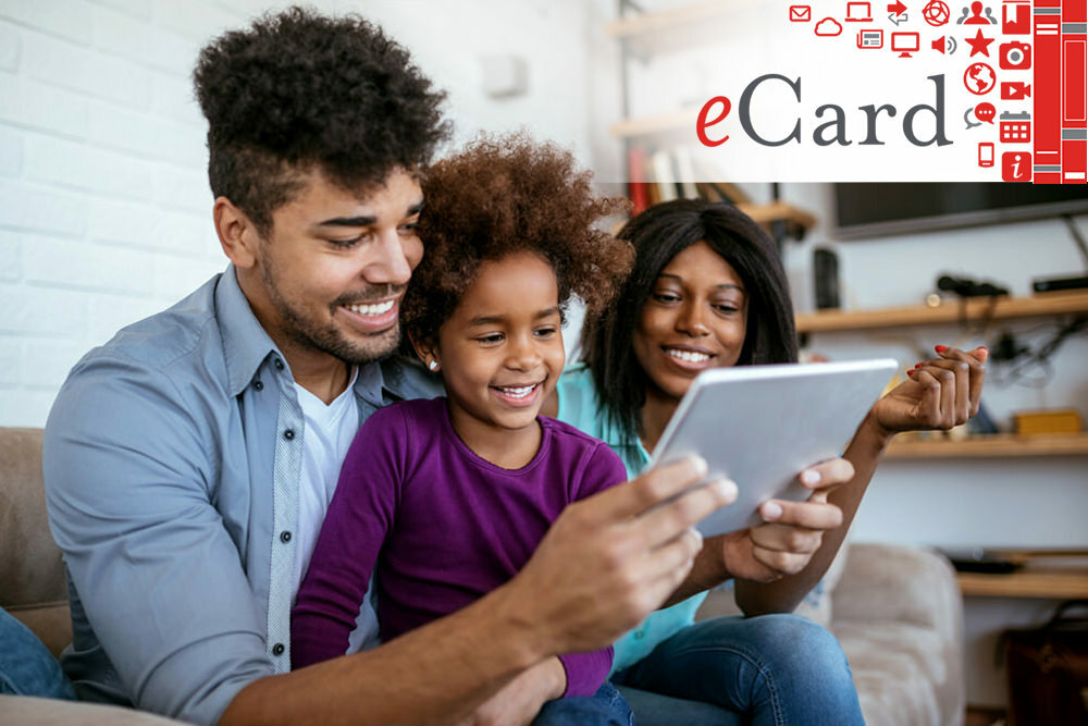 eCards - Pratt eCard logo over a photo of a family using digital tablet at home