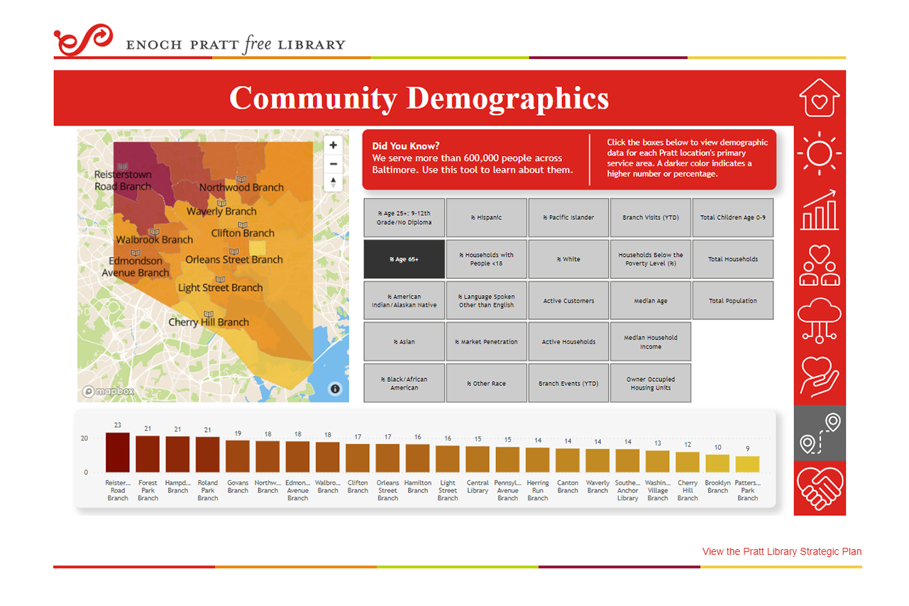 Advancing Equity Dashboard - Community Demographics example screen showing age 65 plus