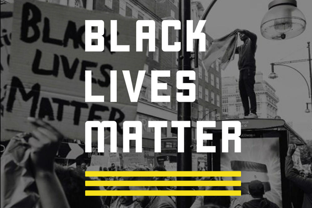 Black Lives Matter logo with protest photo background