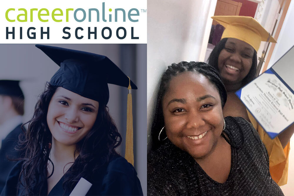 Career Online High School logo and website branding with a real Pratt Library graduate and daughter with diploma
