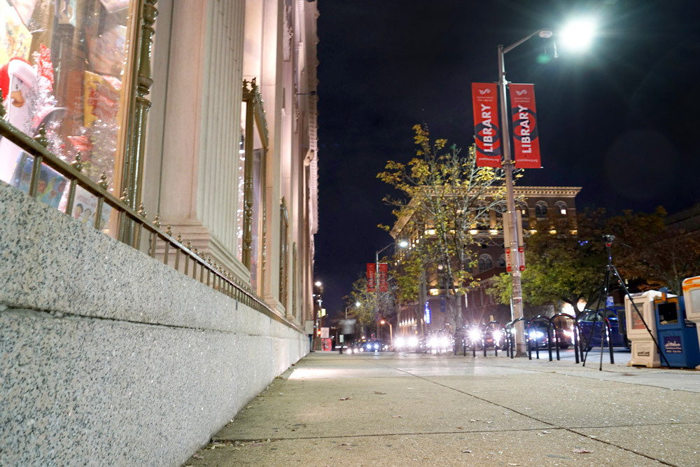 Central Library sidewalk at night