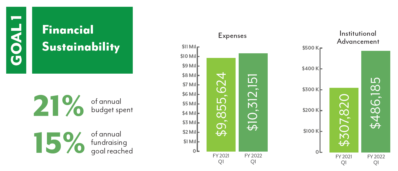 green infographic of Strategic Plan Goal 1 -  Financial Sustainability, data snapshot as of September, 2021.