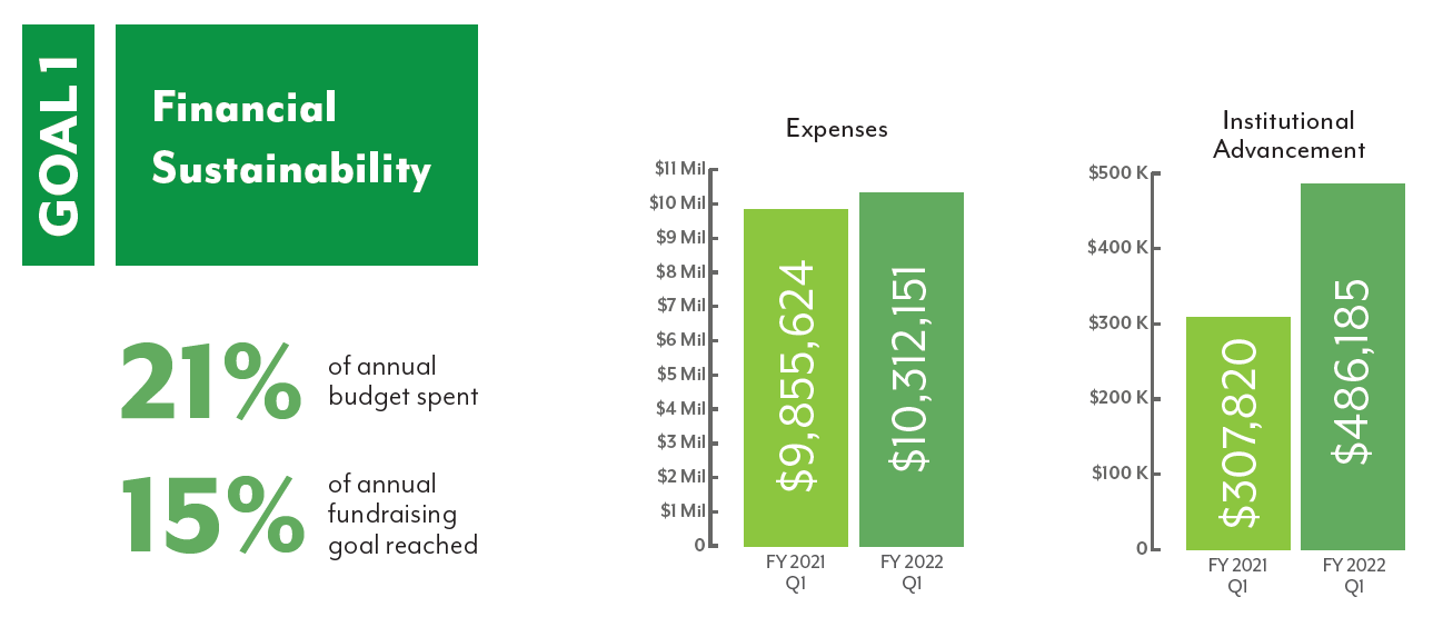 green infographic of Strategic Plan Goal 1 - Financial Sustainability, data snapshot as of September, 2021.