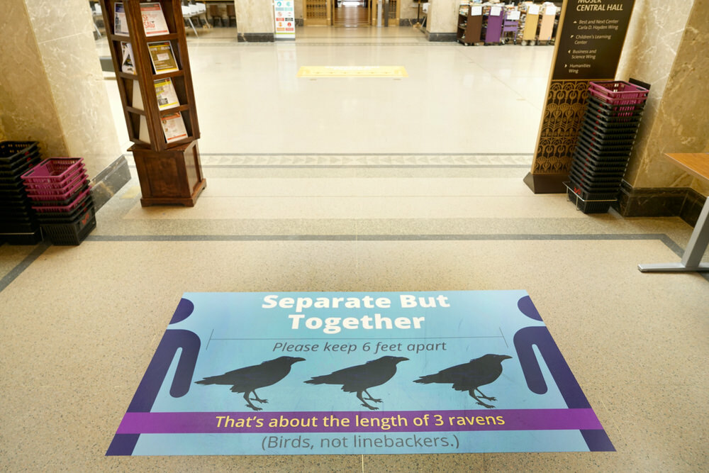 Ravens COVID sign - 6 feet apart, Central Library