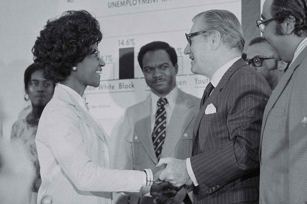 Shirley Chisholm, Norman Rockefeller, and Walter Fauntroy at the Congressional Black Caucus forum, 1975. Library of Congress.