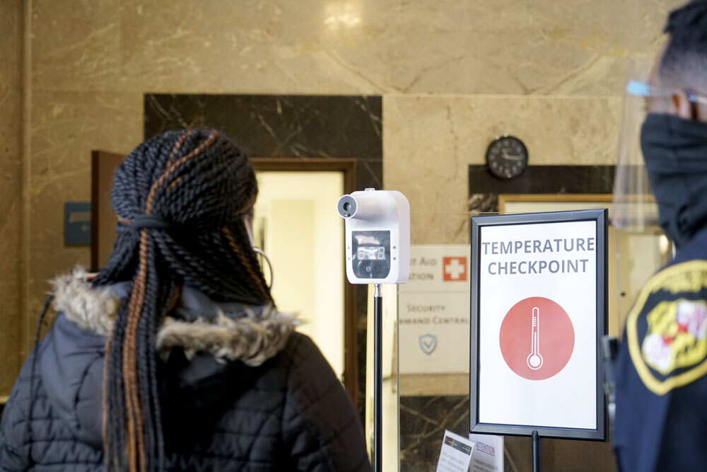 COVID-19 temperature checkpoint at Central Library entrance