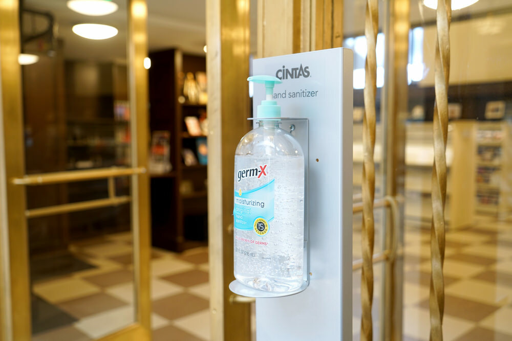 hand sanitizer at an entrance in Central Library