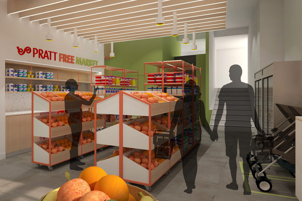 Pratt Free Market interior rendering with customers shopping