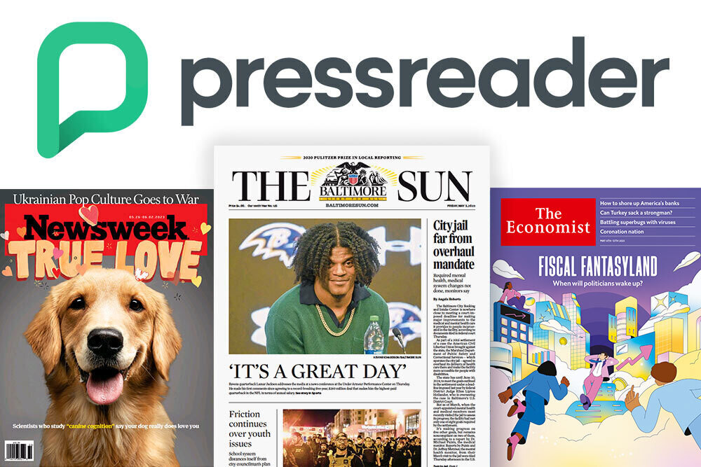 PressReader logo and a Baltimore Sun newspaper with Newsweek Economist magazines