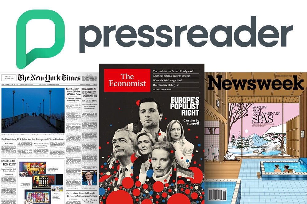 PressReader database online newspapers and magazines, showing NY Times, Economist, and Newsweek covers winter 2025-2026