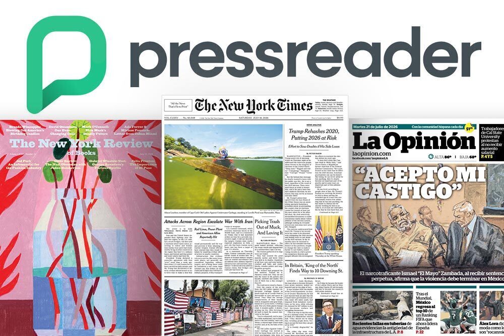 PressReader logo and summer 2026 covers.