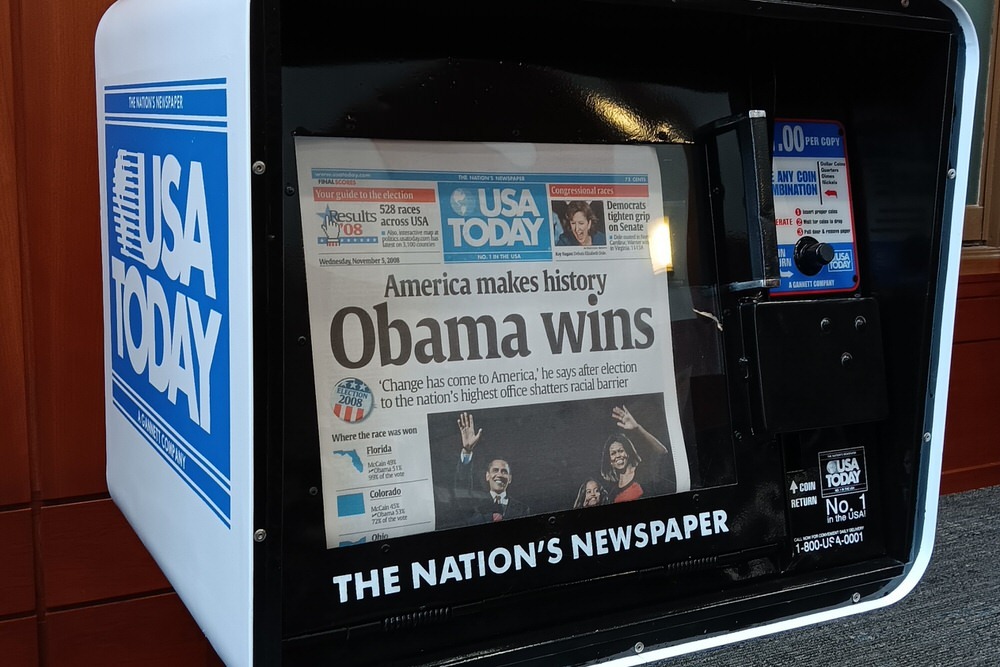 DeWayne Wickham Collection room showing USA Today newspaper box with Obama Wins headline.