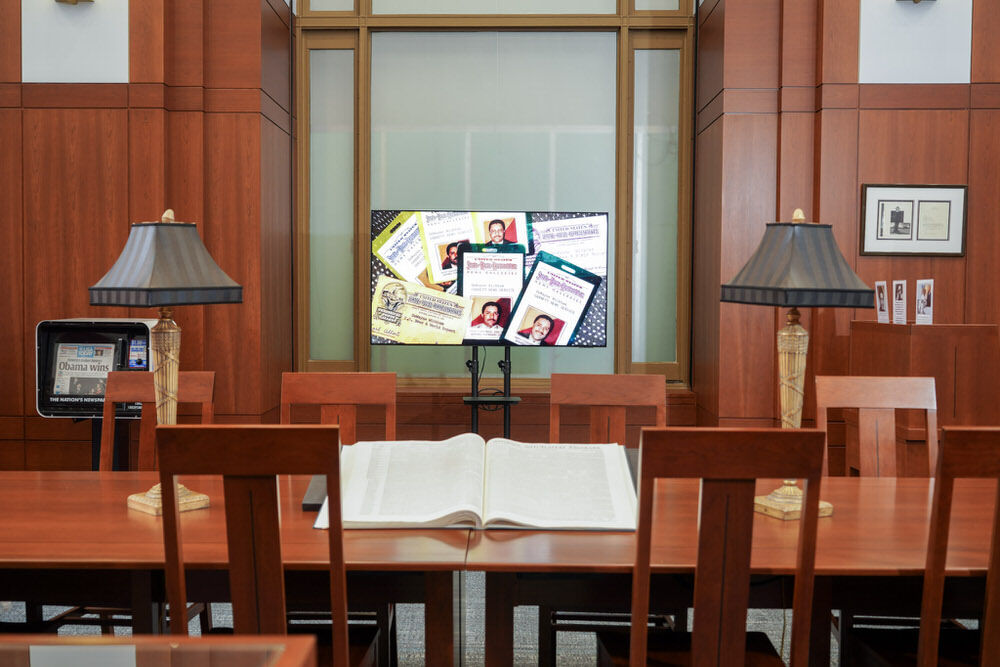 DeWayne Wickham Collection room with large open book and video screen displayed