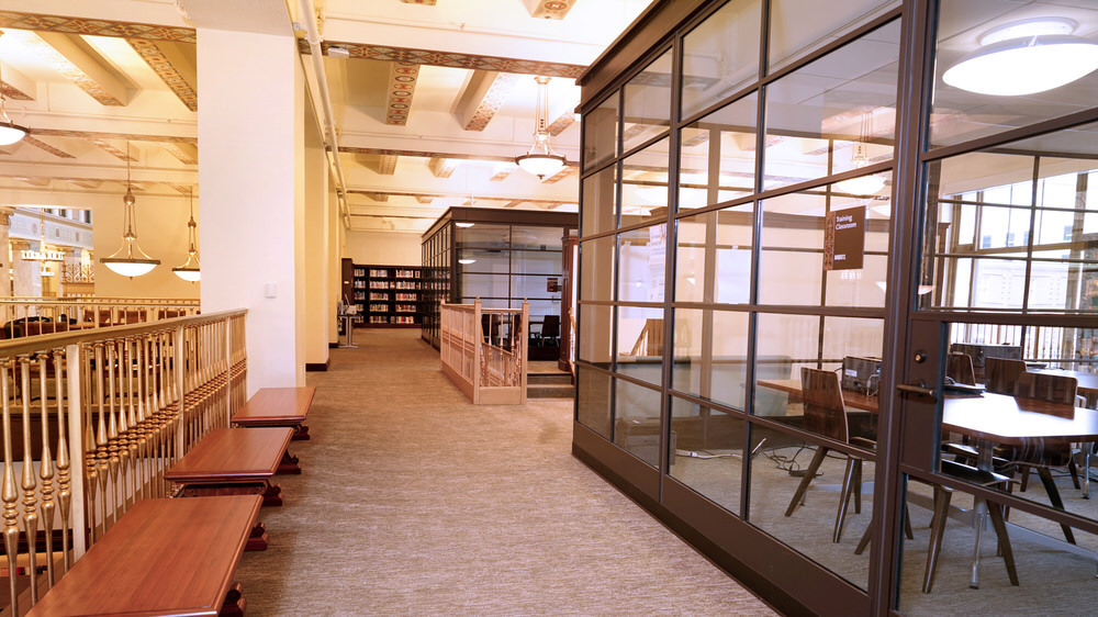 Job and Career Information Center - hallway with glass rooms