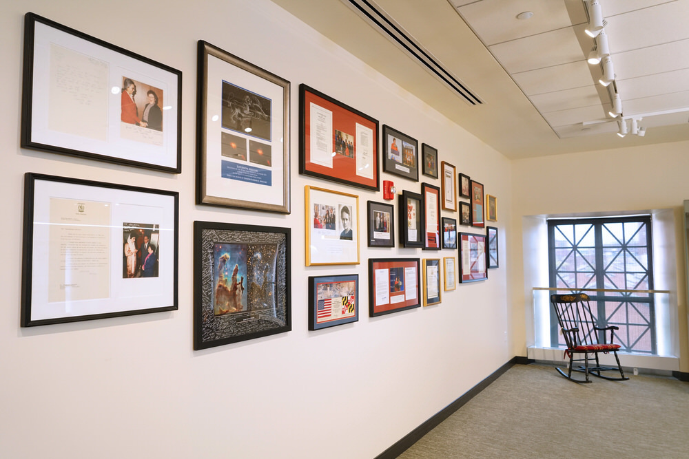 Senator Barbara Mikulski's rocking chair and framed memorabilia in the Mikulski Room