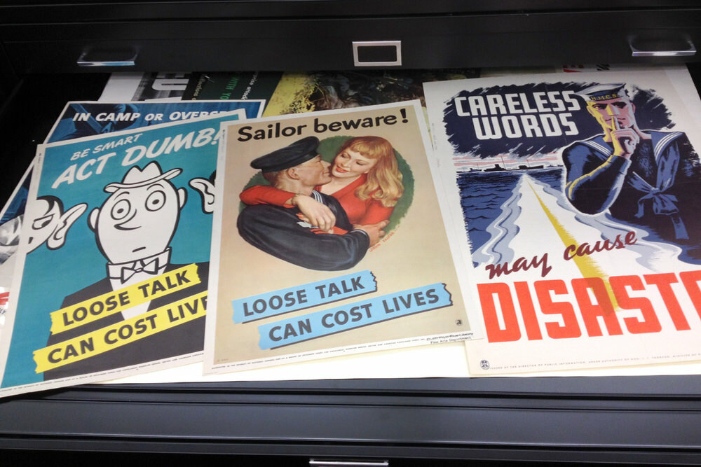 Special Collections flat files drawer showing war posters