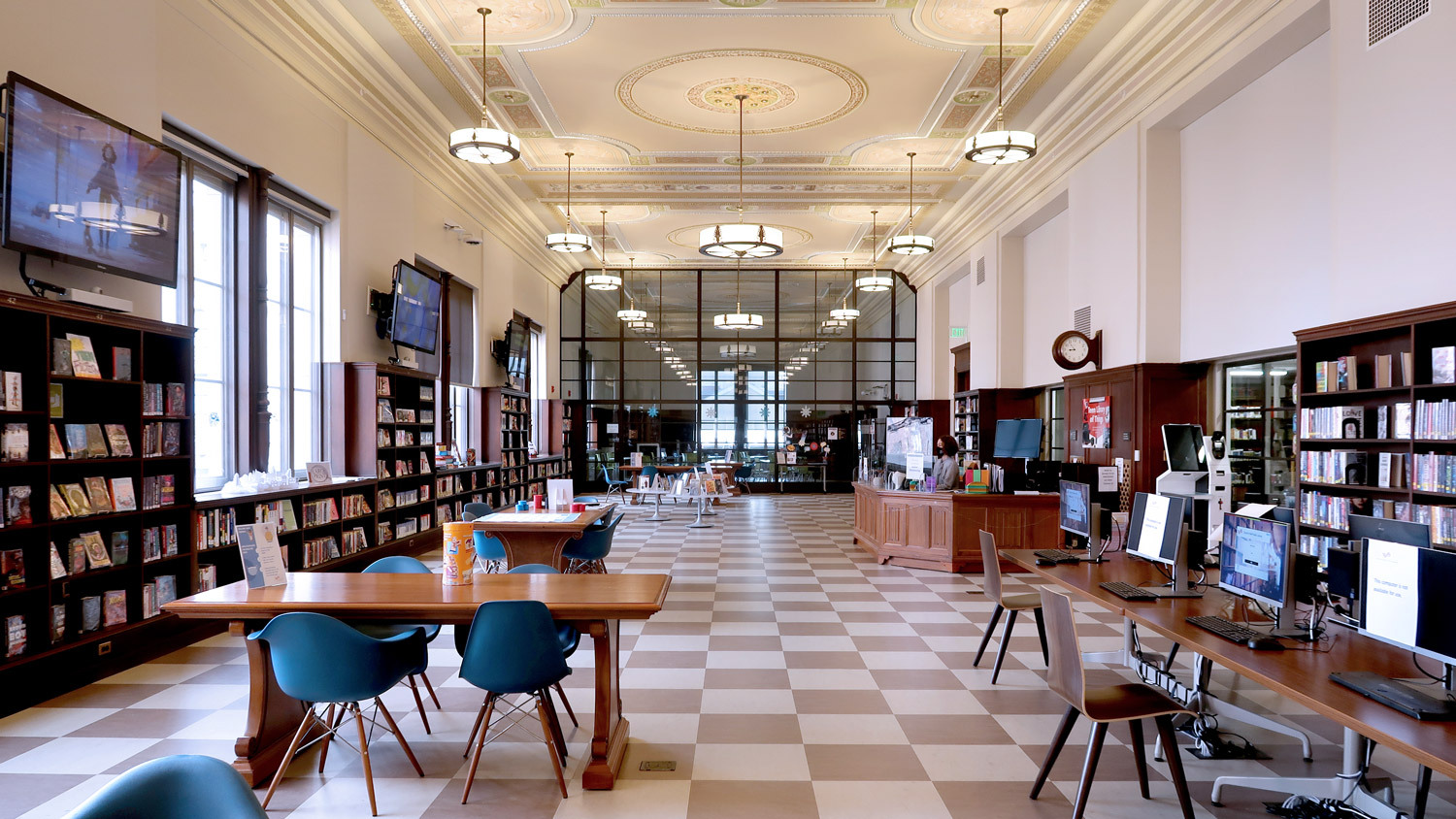 Teen Center room at Central Library - wide view with checkerboard floor