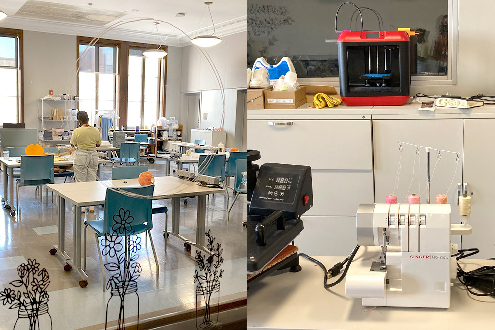 Teen Center Creation Station room and equipment closeup showing 3D printer and sewing machine