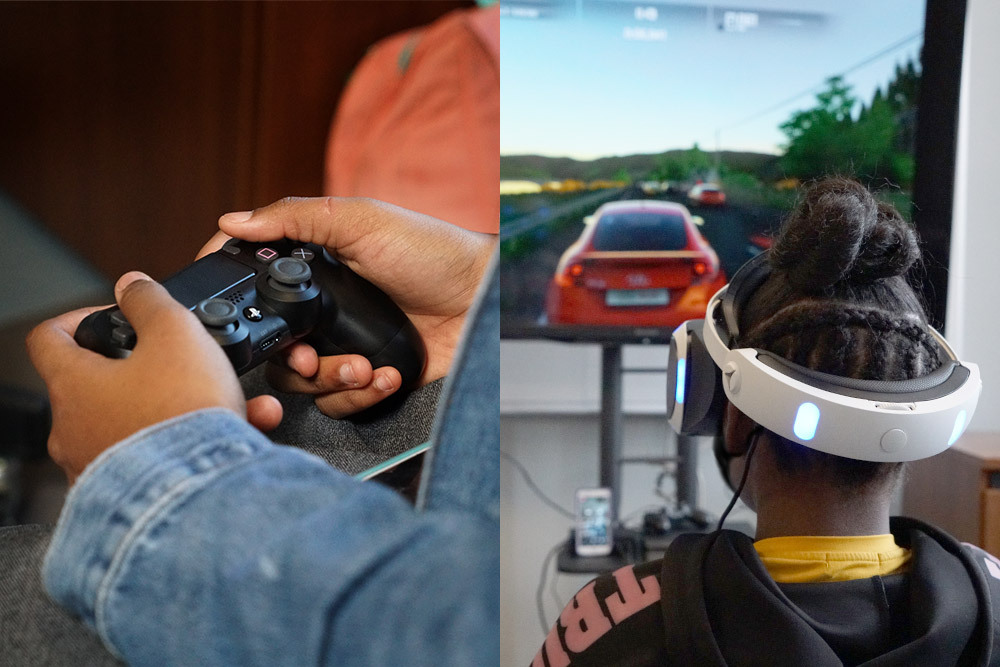 gaming and VR in the Teen Center - girl with a VR headset and driving simulation, and hands using a game controller