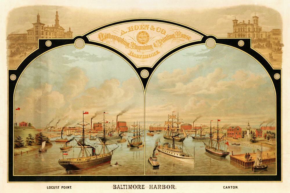 A print showing Locust Point and Canton from the Cator Collection of Baltimore Views