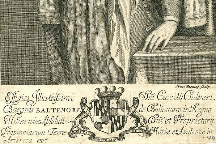 Early Maryland history - detail of an engraved portrait of Cecil Calvert, with coat of arms, 1657