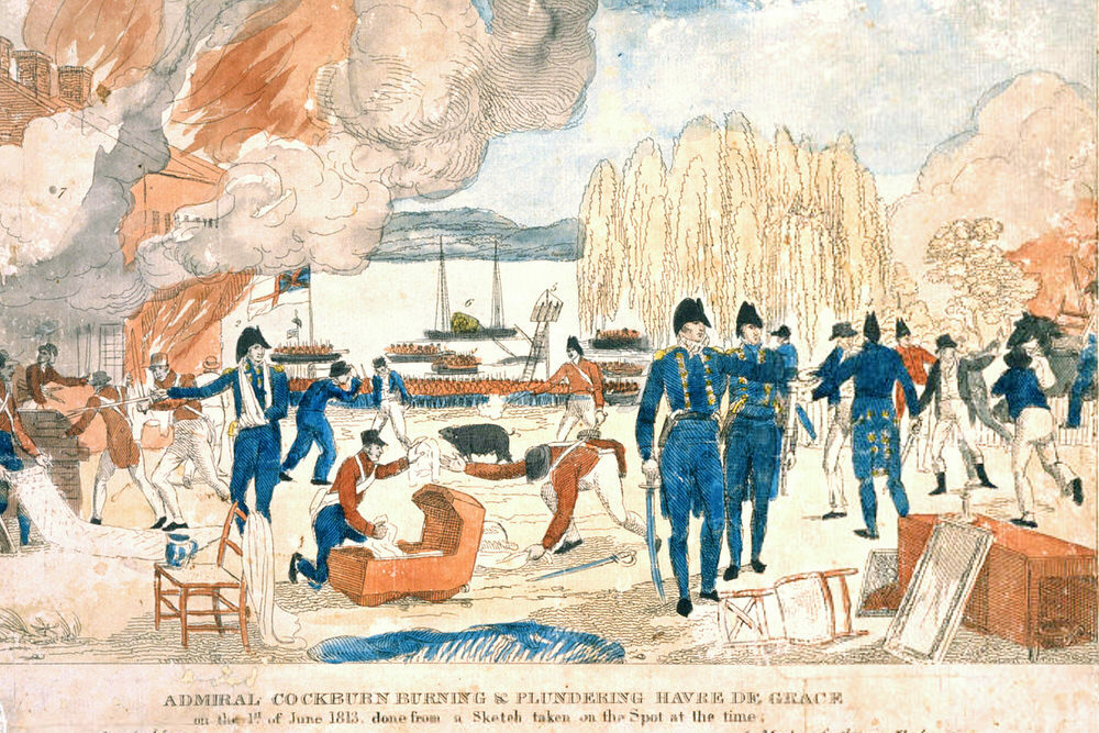 sketch of Admiral Cockburn burning and plundering Havre de Grace, Maryland