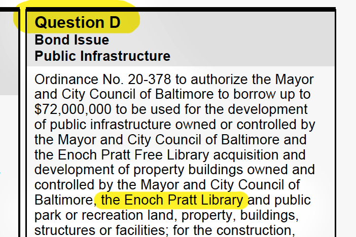 Question D Baltimore ballot top, with highlights for Enoch Pratt Free Library