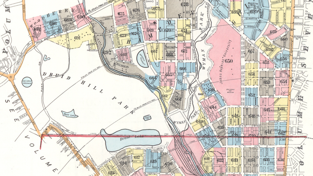 Sanborn Map from Baltimore, 1928, showing Guilford, Hampden, Roland, Woodberry. Detail around Druid Hill Park.