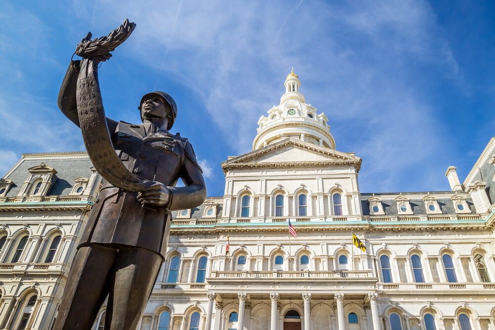 Government  - Baltimore City Hall and a statue of an African American soldier