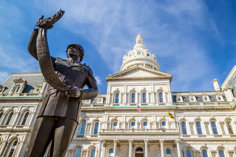 Government - Baltimore City Hall and a statue of an African American soldier