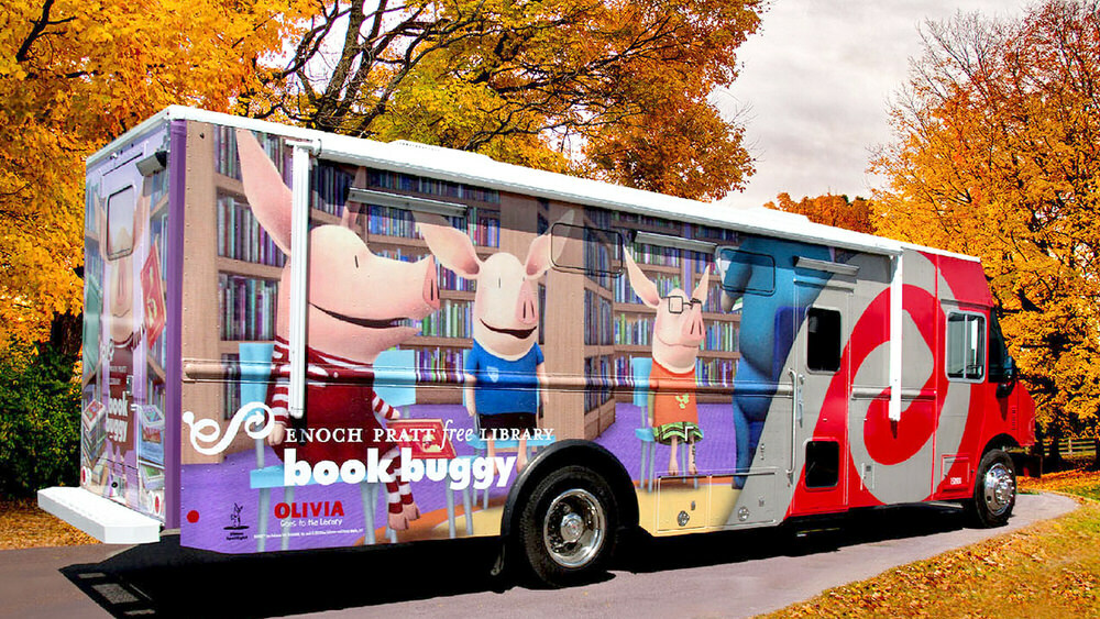 Book Buggy in the fall, showing Olivia the pig design
