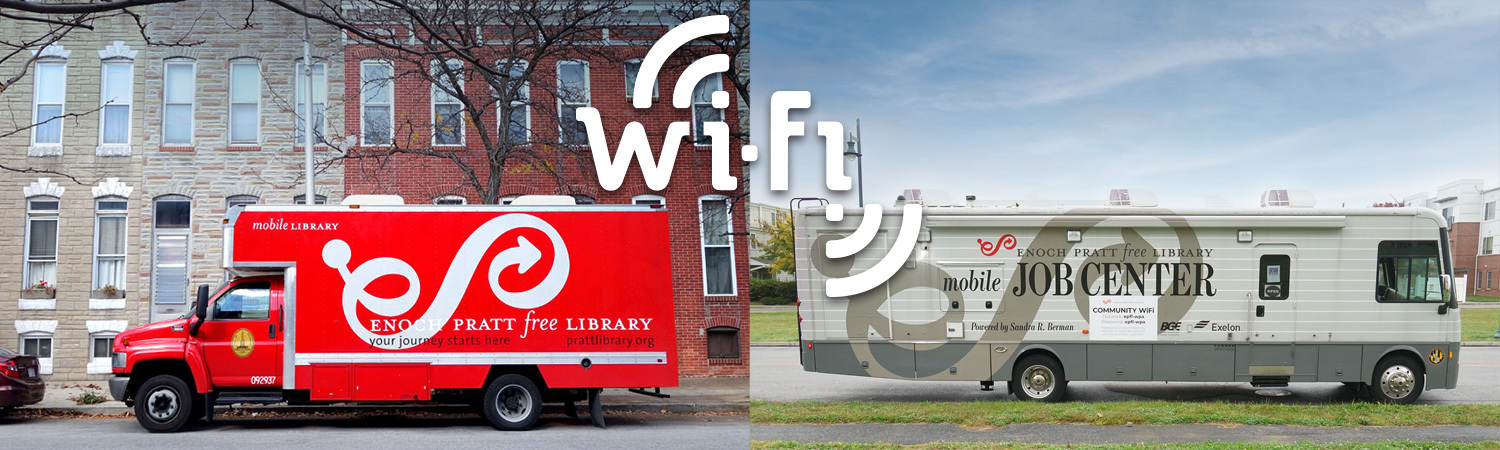 Community Wi-Fi - Pratt Library Mobile Services vehicles and a wi-fi logo
