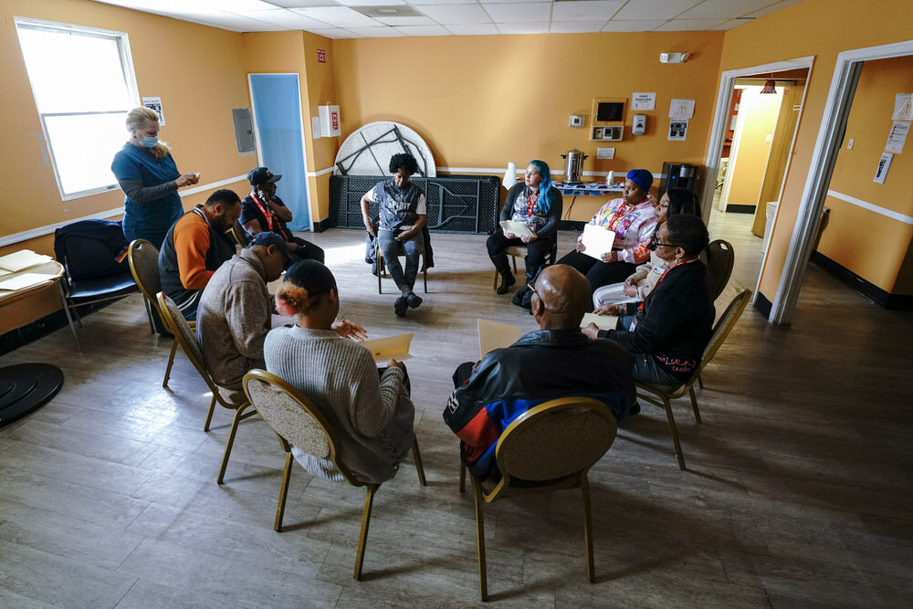 Peer Navigators in a training circle at the nearby recovery center