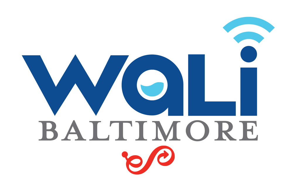 WaLi Baltimore logo, incorporating a wi-fi signal, washing amchine motif, and Enoch Pratt Free Library logo