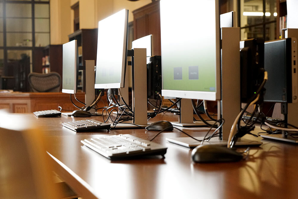 public computers - clean shining light on monitors and keyboards