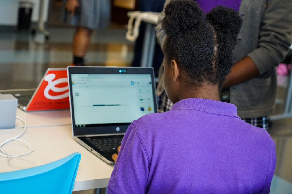 student using a Pratt Library laptop