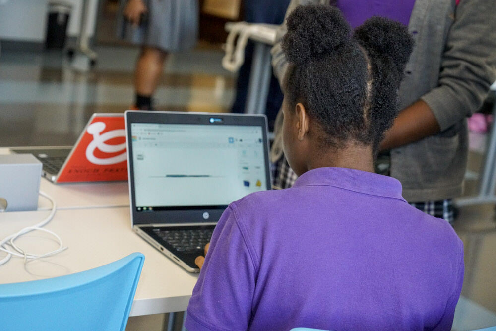 a teen student using a Pratt laptop in the Teen Center