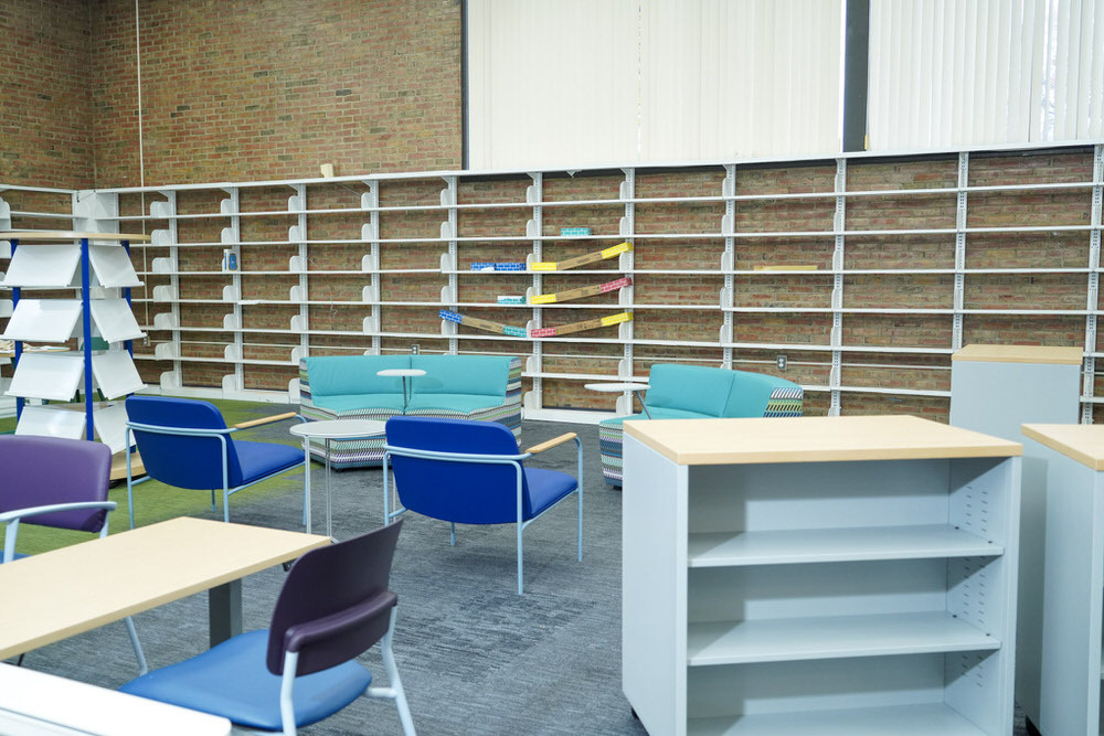 Brooklyn branch renovations, showing empty bookshelves and chairs, fall 2025