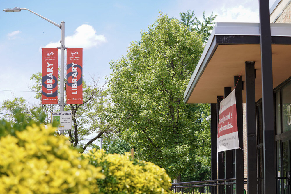 Brooklyn branch exterior flags during renovations, spring 2025