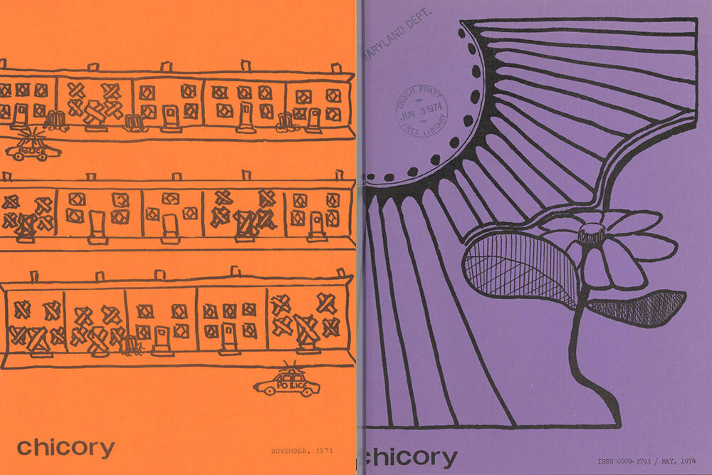 Chicory covers: hand drawn boarded up rowhouses and police car, sun and flower