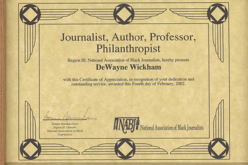 National Association of Black Journalists Certificate of Appreciation for DeWayne Wickham, cropped