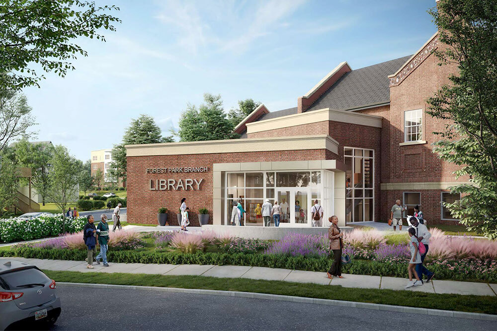 Forest Park exterior rendering with flowers, sidewalk, people, and new signage