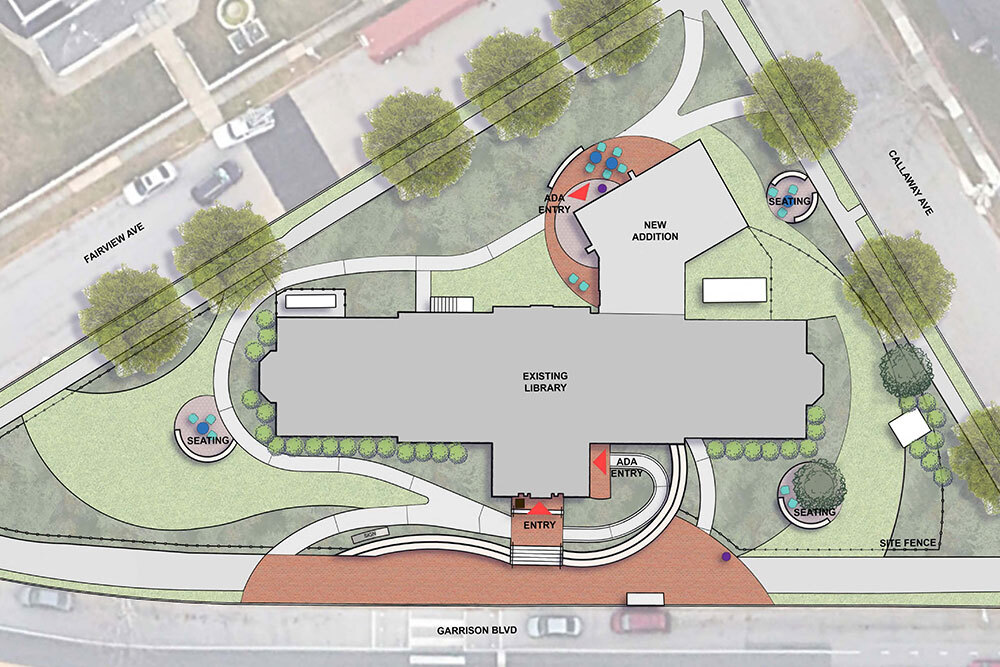 Forest Park renovation - overhead rendering of the existing building footprint, extension, street and sidewalk access