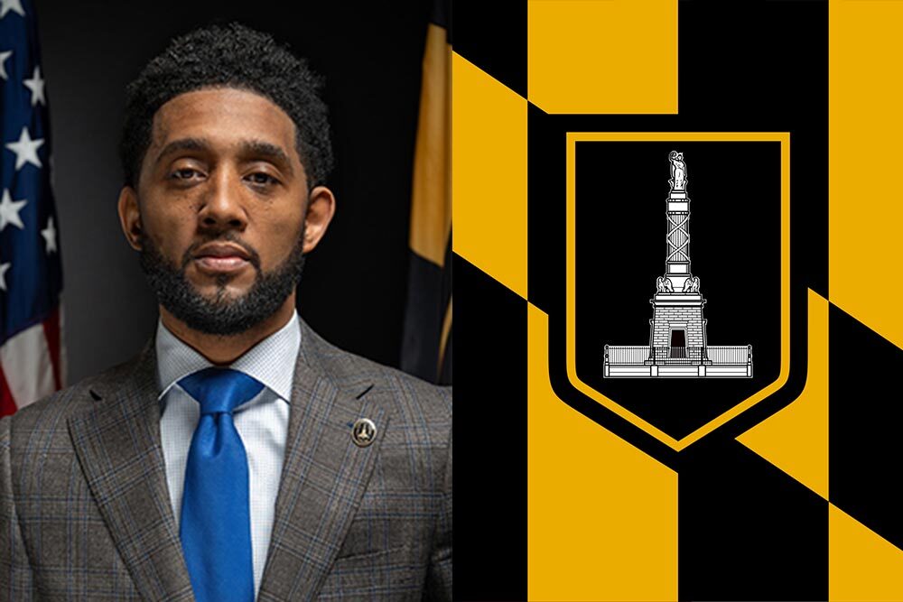 Baltimore City Mayor Brandon M. Scott and partial Baltimore City flag