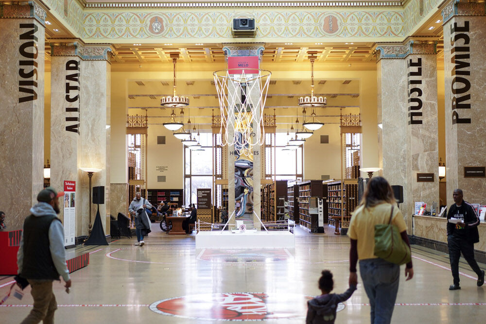 House of Melo exhibit at Pratt Library - Central Hall, basketball hoop side
