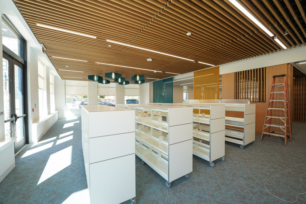 Johnston Square Branch empty bookshelves before opening