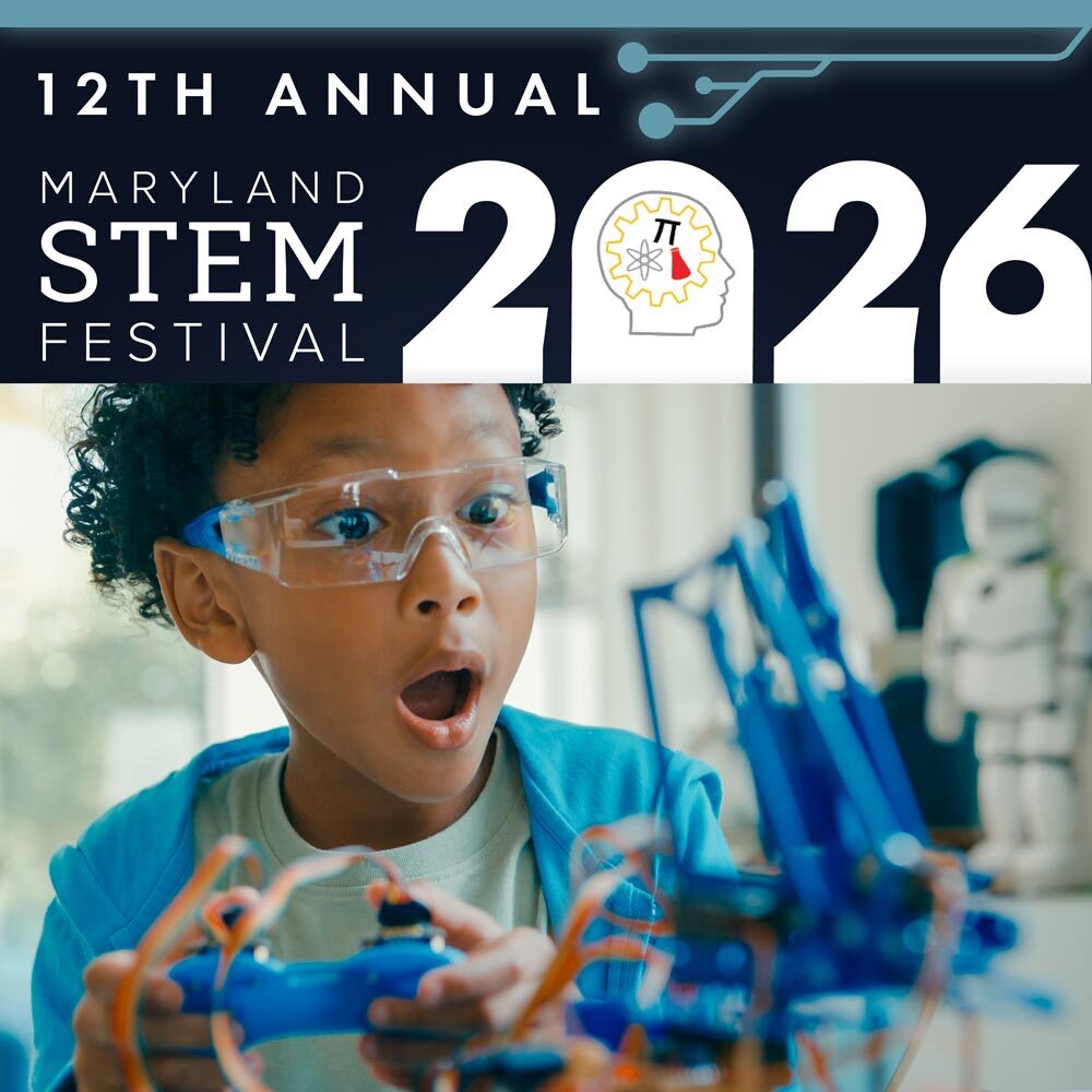 12th annual Maryland STEM Festival, with a boy surprised by a robotics project.