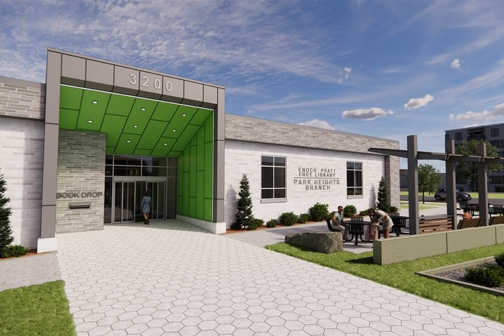 Park Heights rendering - front entrance view with doorway and exterior seating