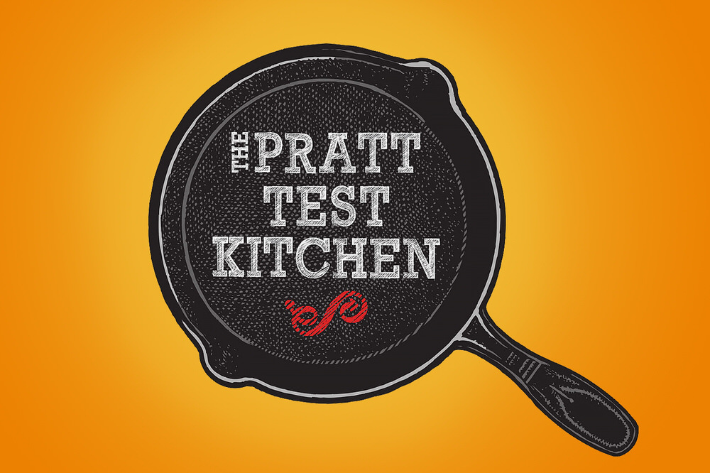 Pratt Test Kitchen logo - skillet illustration with yellow-orange background