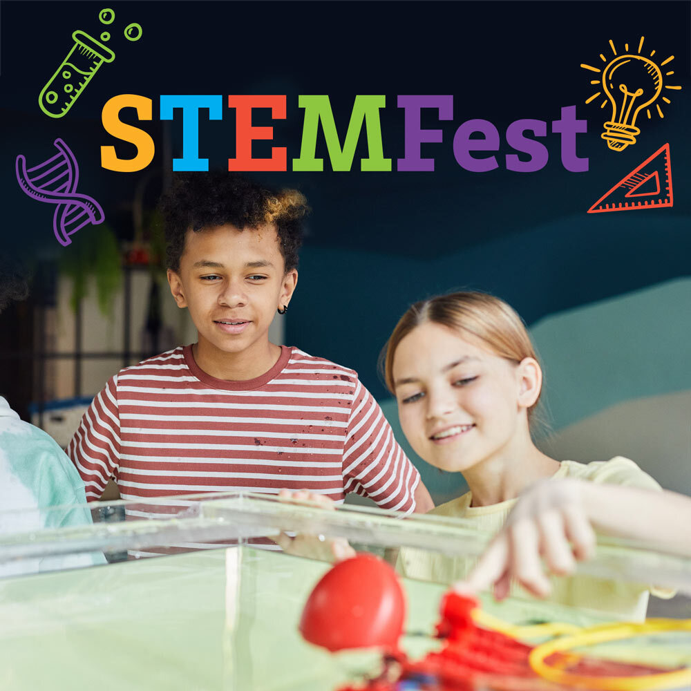 STEMFest graphic and kids with a STEM experiment.